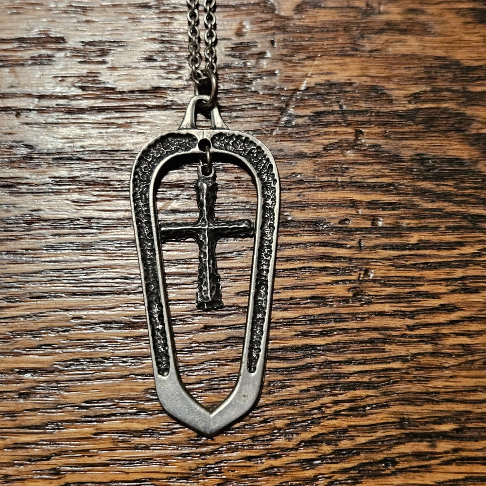 Vintage J.B.‎ Norsk Tinn Norway Pewter Shield Cross Pendant Necklace Silver Tone